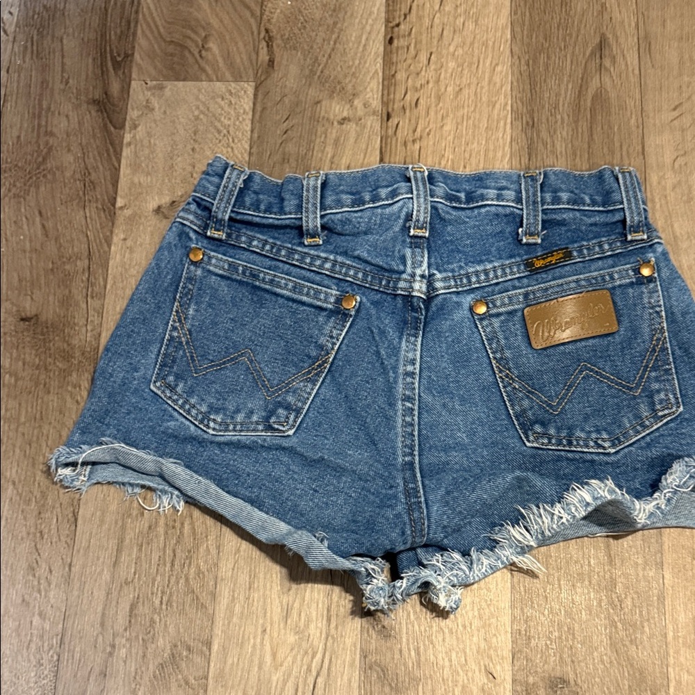 Wrangler Medium Blue Denim High-Rise Frayed Hem Shorts